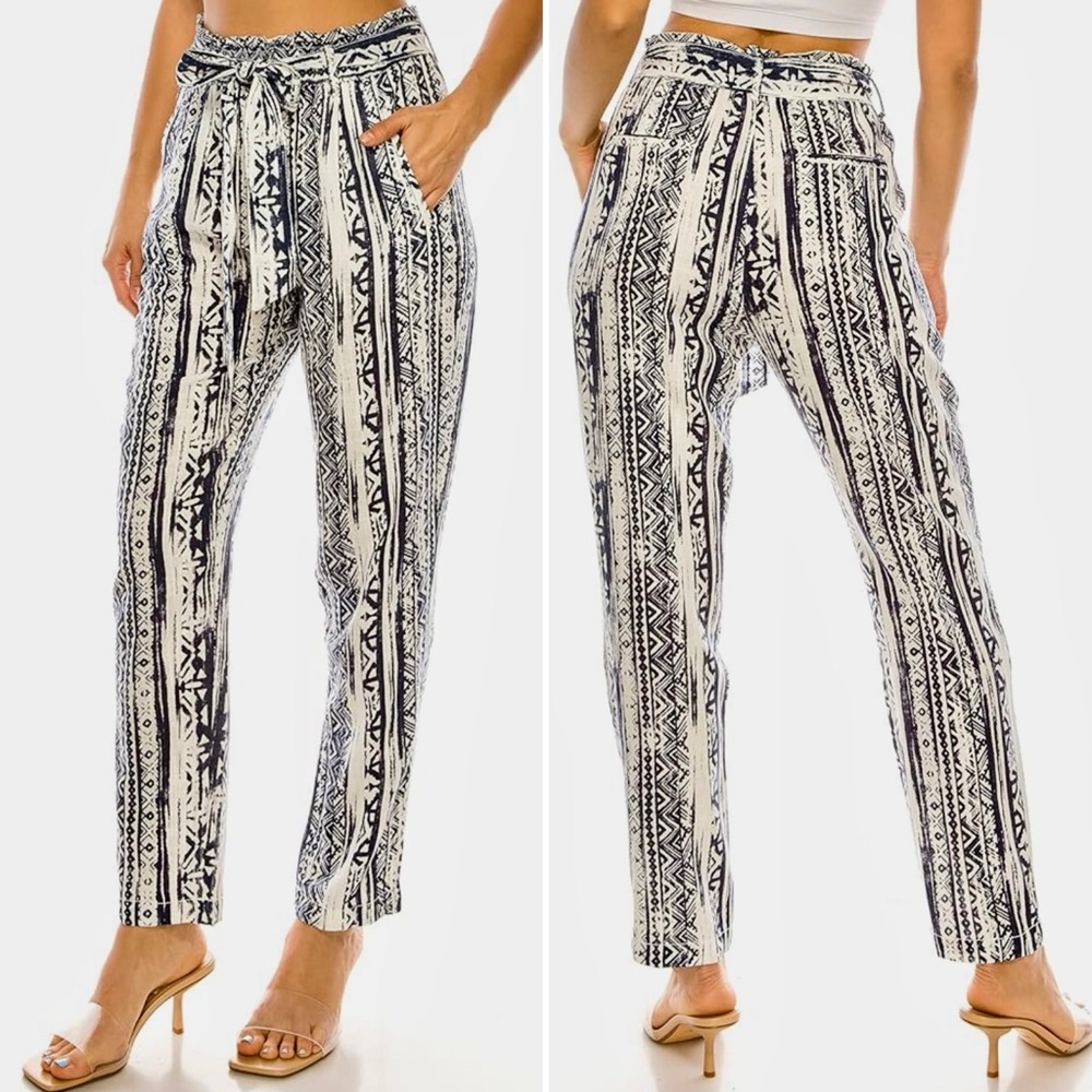 CALI 1850 Linen Blend Paper Bag Waist with Sash Casual Beach Pants Sz XS